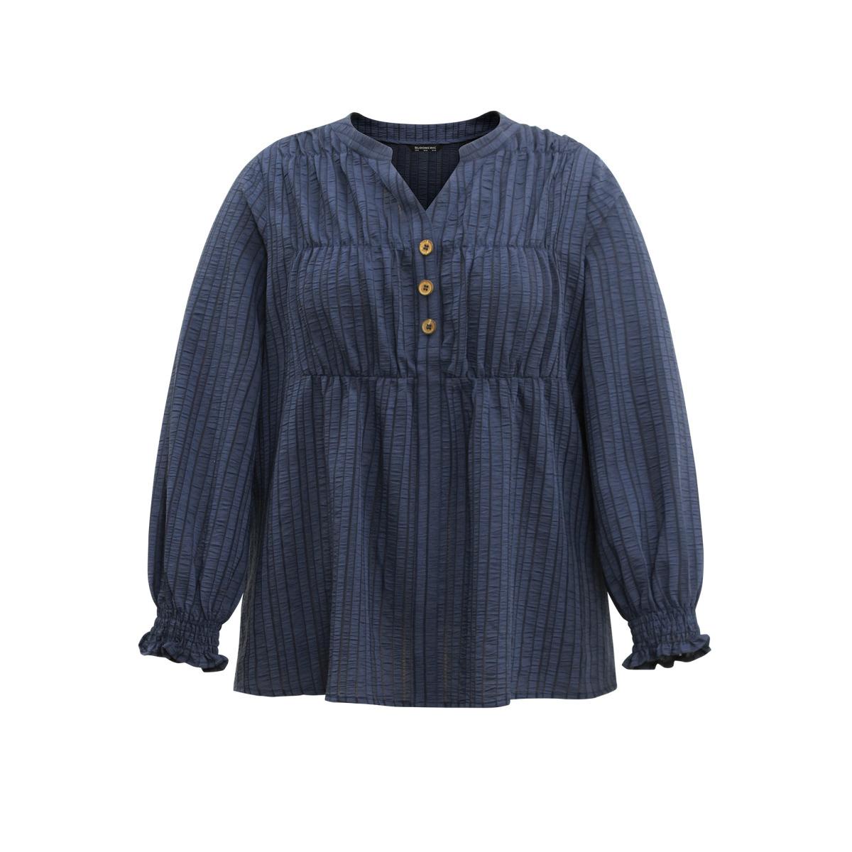 Plus Size Indigo Plisse Gathered Shirred Cuffs Button Through Blouse Women Office Long Sleeve Notched collar Office Blouses BloomChic 18-20/2X Product Image