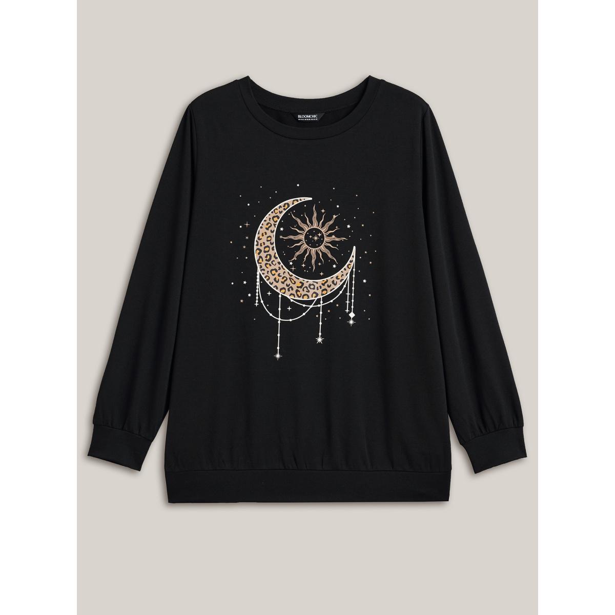 Plus Size Crew Neck Celestial Print Stretch Sweatshirt Women Black Casual Non Round Neck Everyday Sweatshirts BloomChic 10/M Product Image