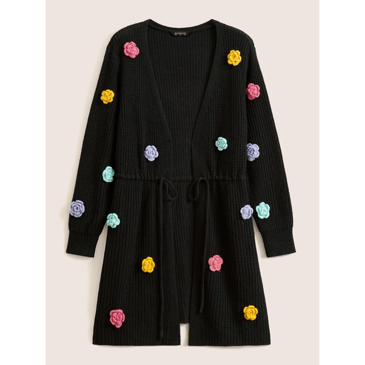 Plus Size Colored Floral Plisse Drawstring Tunic Cardigan Black Women Vacation Loose Long Sleeve Dailywear Cardigans BloomChic 28/5X Product Image