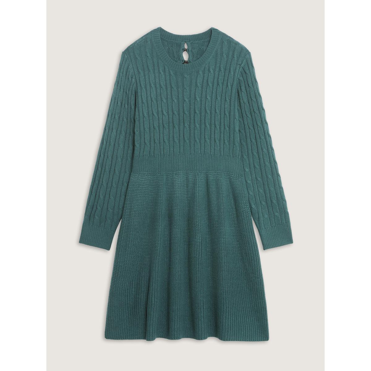 Plus Size Back Cut Out Bows Cable Knit Sweater Dress DarkSlateGray Women Leisure Bodycon Long Sleeve Casual Sweater Dresses BloomChic 28/5X Product Image