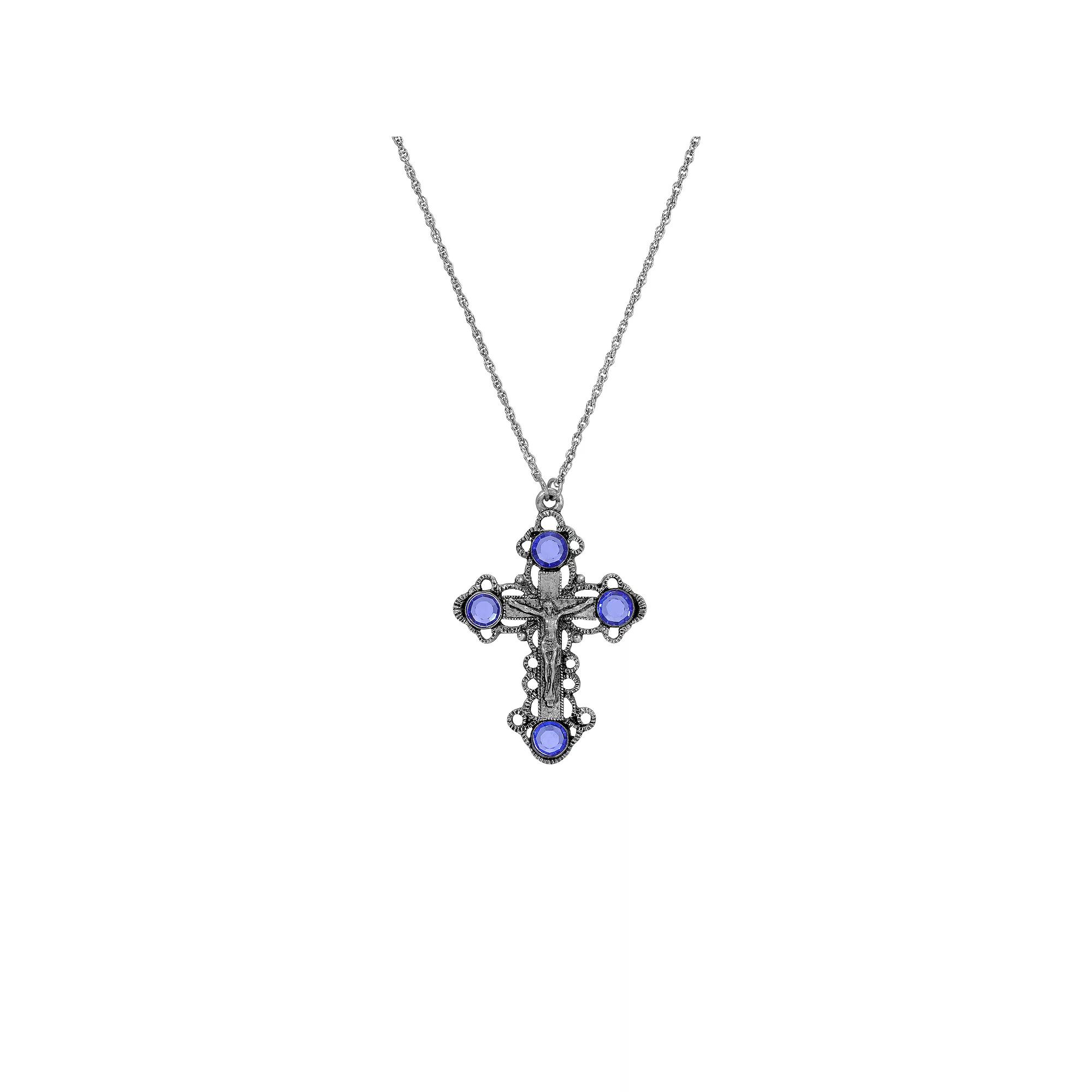Symbols of Faith Silver Tone Blue Crystal Cross Necklace 18, Womens Product Image
