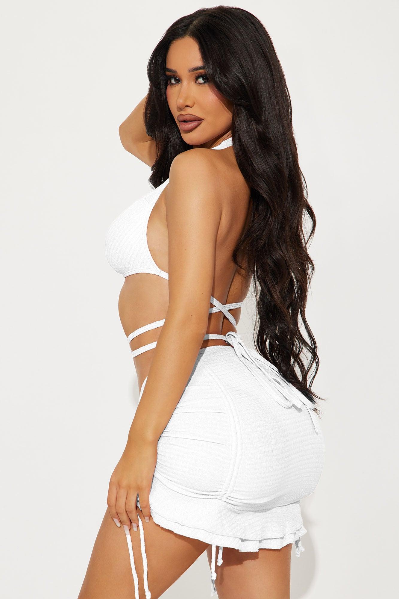 Angelica Textured O-Ring Ruched Skirt 3 Piece Bikini Set - White Product Image