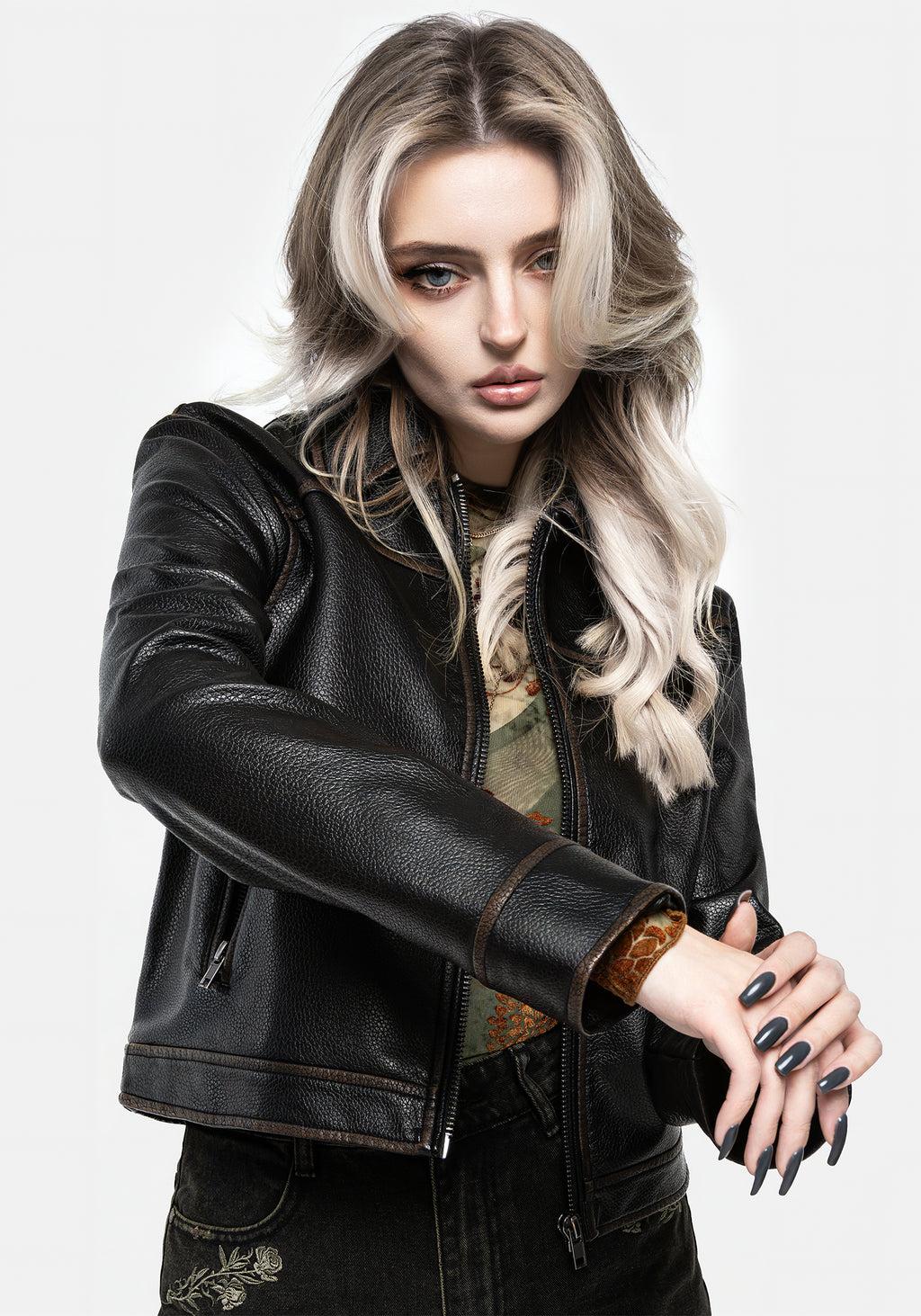 Ermania Crop Faux Leather Jacket Product Image