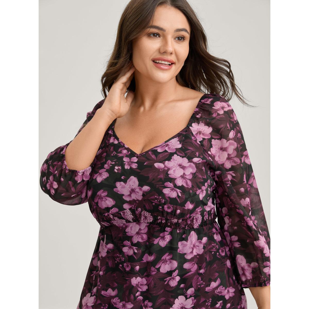 Plus Size Large Floral Print Shirred Waist Midi Dress Deeppurplered Women Romantic Shirred Heart neckline Elbow-length sleeve Curvy BloomChic 10/M Product Image