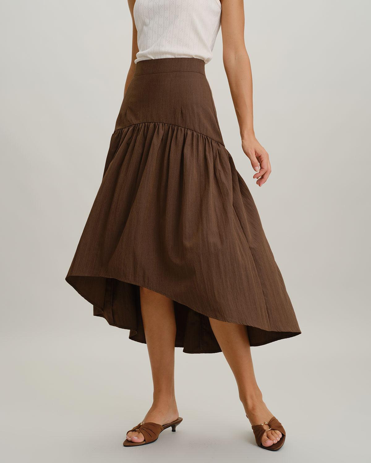 Brown High Waisted High-Low Midi Skirt Product Image