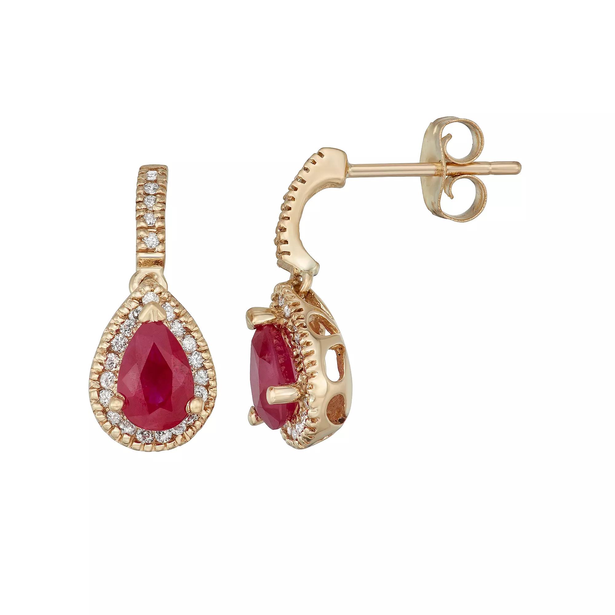 14k Gold Ruby & 1/5 Carat T.W. Certified Diamond Teardrop Earrings, Women's, White Product Image