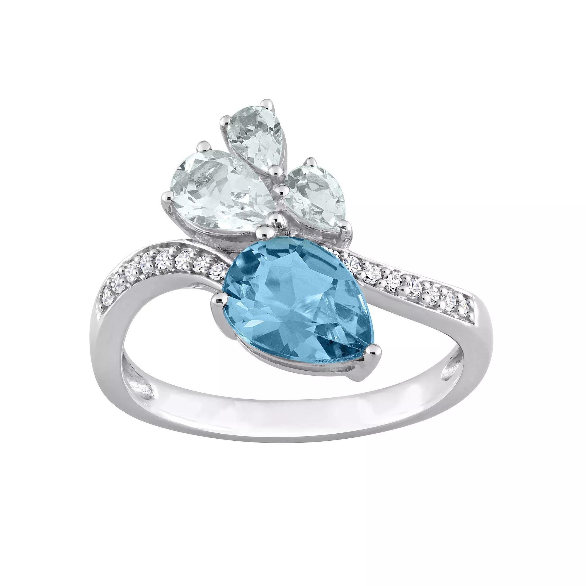 Stella Grace 14k White Gold London Blue Topaz, Aquamarine & 1/10 Carat T.W. Diamond Toi et Moi Ring, Women's,  Product Image