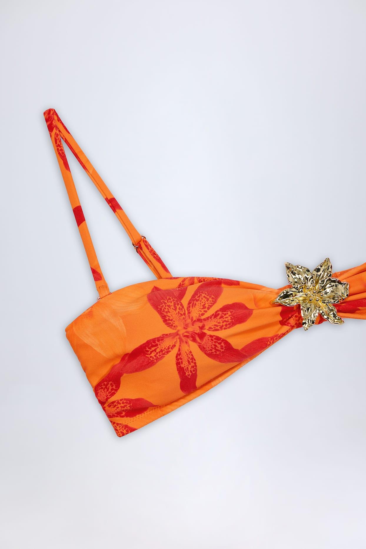 Hardware-Detail Halterneck Bikini Top in Orange Orchid Print Product Image