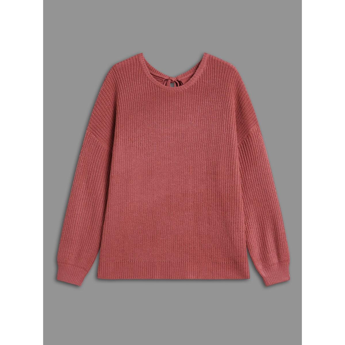 Plus Size Open Wrap Back Textured Tied Pullover Rust Women Casual Loose Long Sleeve Round Neck Everyday Pullovers BloomChic 28/5X Product Image