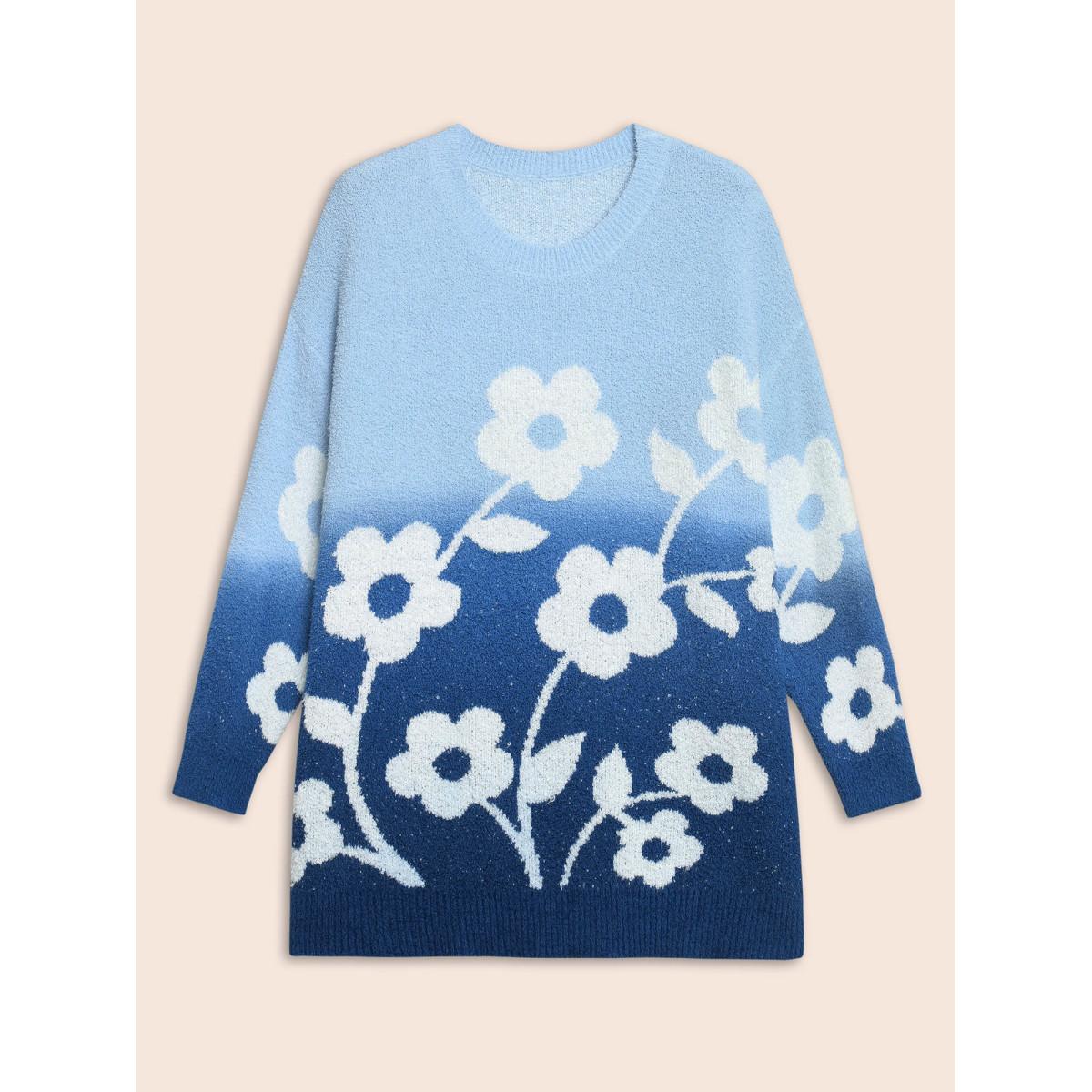 Plus Size Floral Jacquard Ombre Drop Shoulder Pullover Indigo Women Casual Long Sleeve Round Neck Everyday Pullovers BloomChic 18-20/2X Product Image