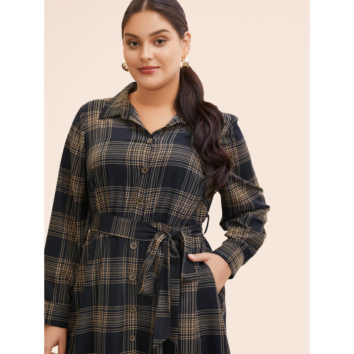 Plus Size Plaid Shirt Collar Belted Midi Dress Indigo Women At the Office Belted Shirt collar Long Sleeve Curvy BloomChic 28/5X Product Image