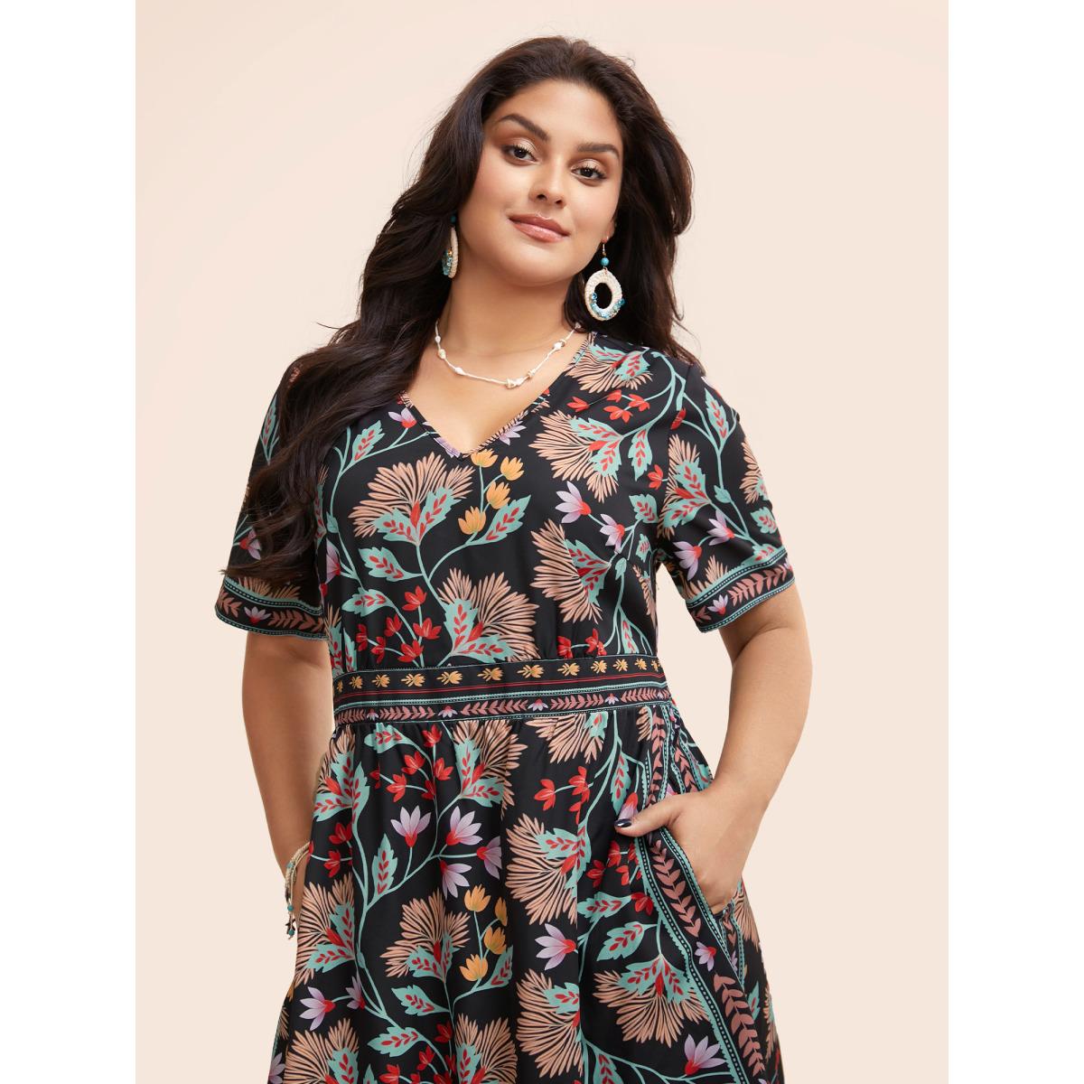 Plus Size Boho Print Shirred Pocket Midi Dress Black Women Boho Shirred V-neck Short sleeve Curvy BloomChic 14-16/1X Product Image