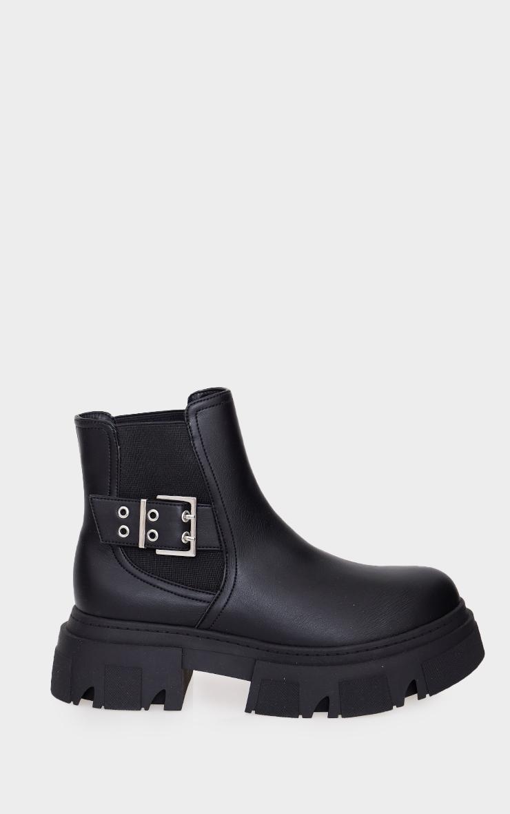Black PU Round Toe Silver Buckle Chunky Sole Ankle Boots Product Image