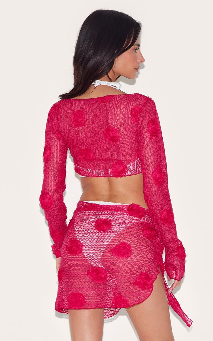 Red Textured Flower Trim Tie Front Beach Top Product Image