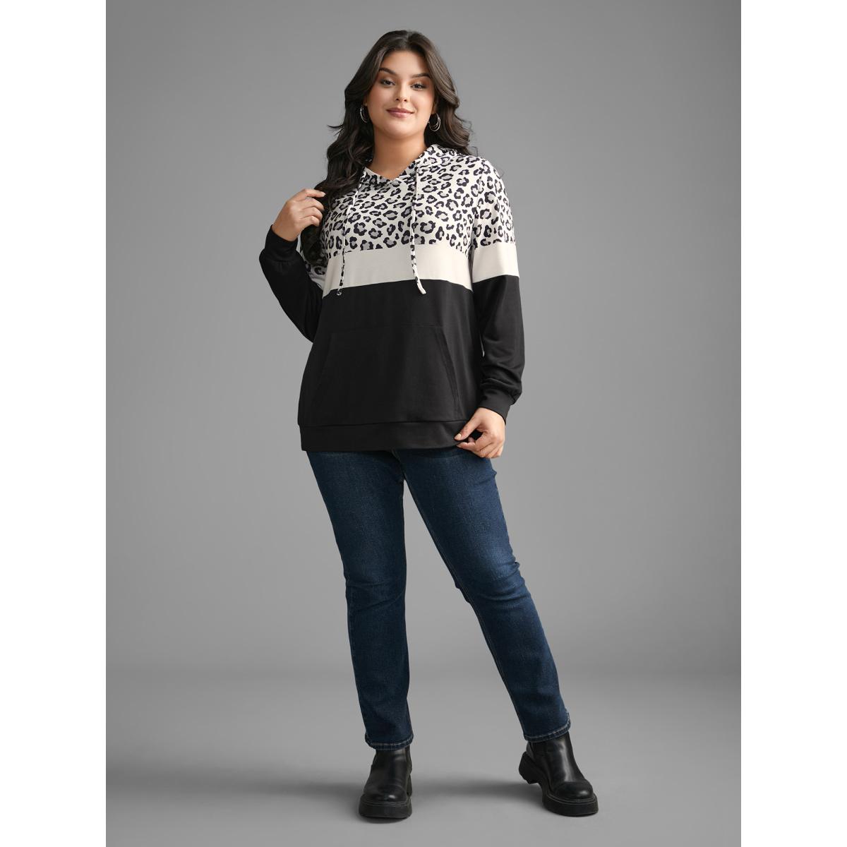 Plus Size Leopard Print Patchwork Contrast Drawstring Sweatshirt Women Black Casual Contrast Hooded Everyday Sweatshirts BloomChic 30/6X Product Image