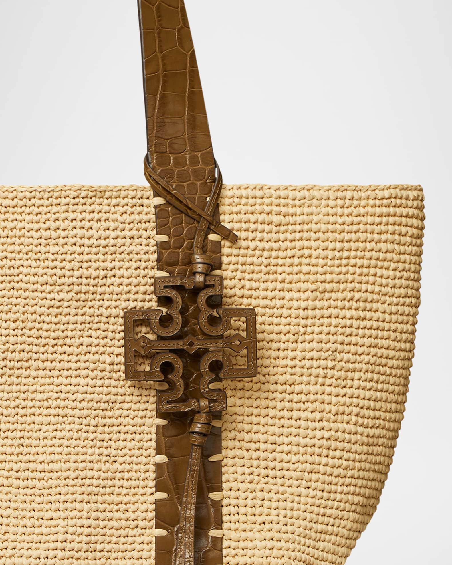 Embossed Leather & Raffia Tote Bag Product Image