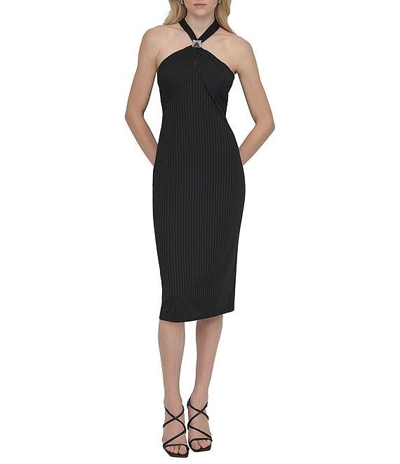 DKNY by Donna Karan Halter Criss Cross Back Ribbed Knit Sheath Midi Dress Product Image