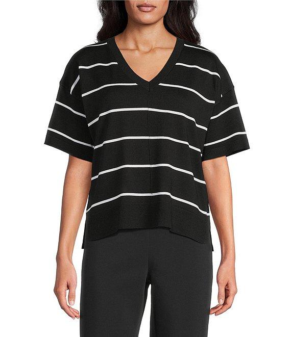 Investments Striped 3/4 Sleeve V-Neck Ribbed Trim Sweater Product Image