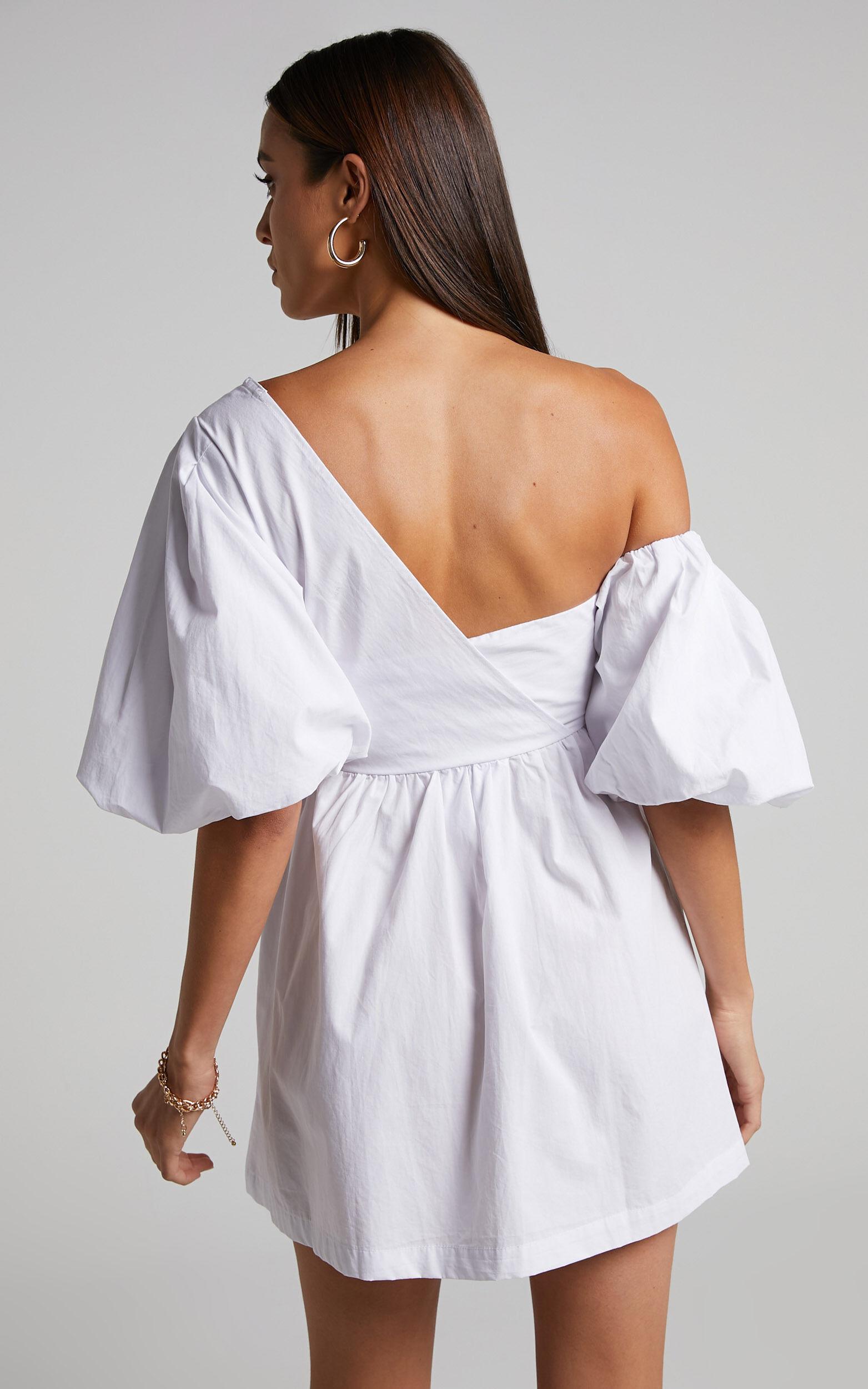 Sula Mini Dress - Asymmetric Off One Shoulder Puff Sleeve Dress in White Product Image