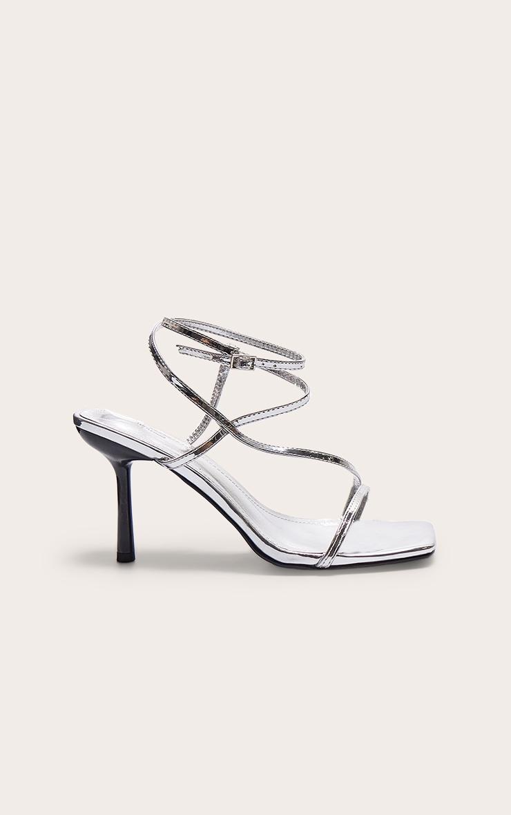 Silver Metallic PU Square Toe Asymmetric Strap Barely There Heeled Sandals Product Image