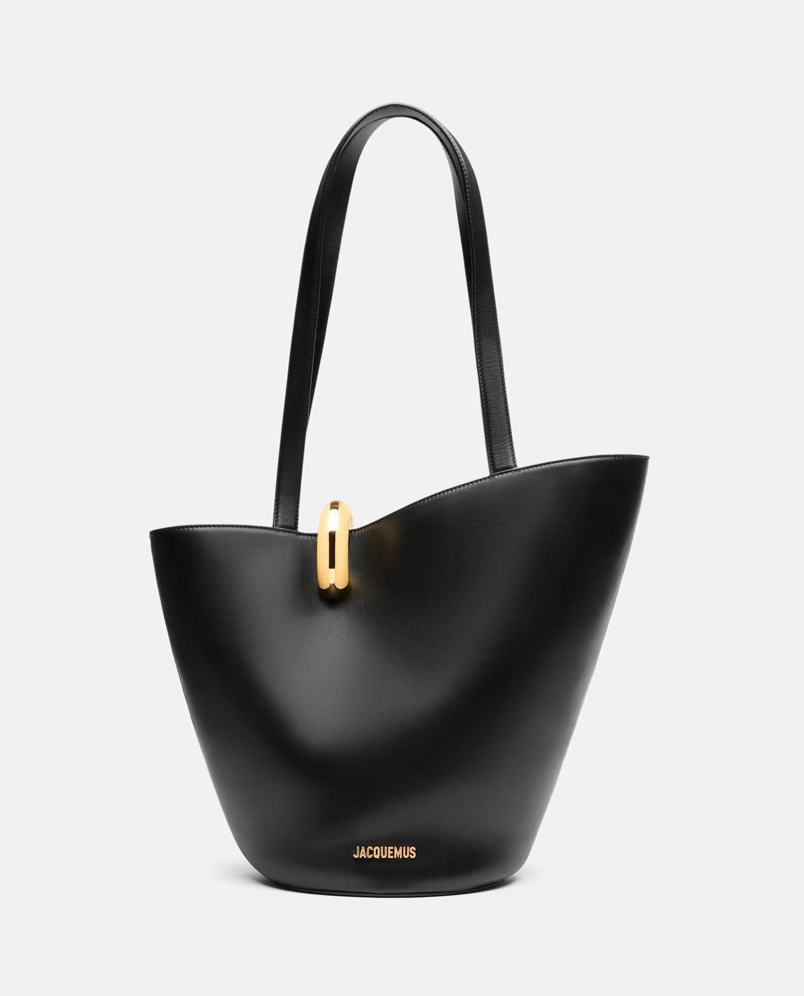 JACQUEMUS The Medium Bambola Asymmetric Leather Bucket Bag In Black 990 Product Image