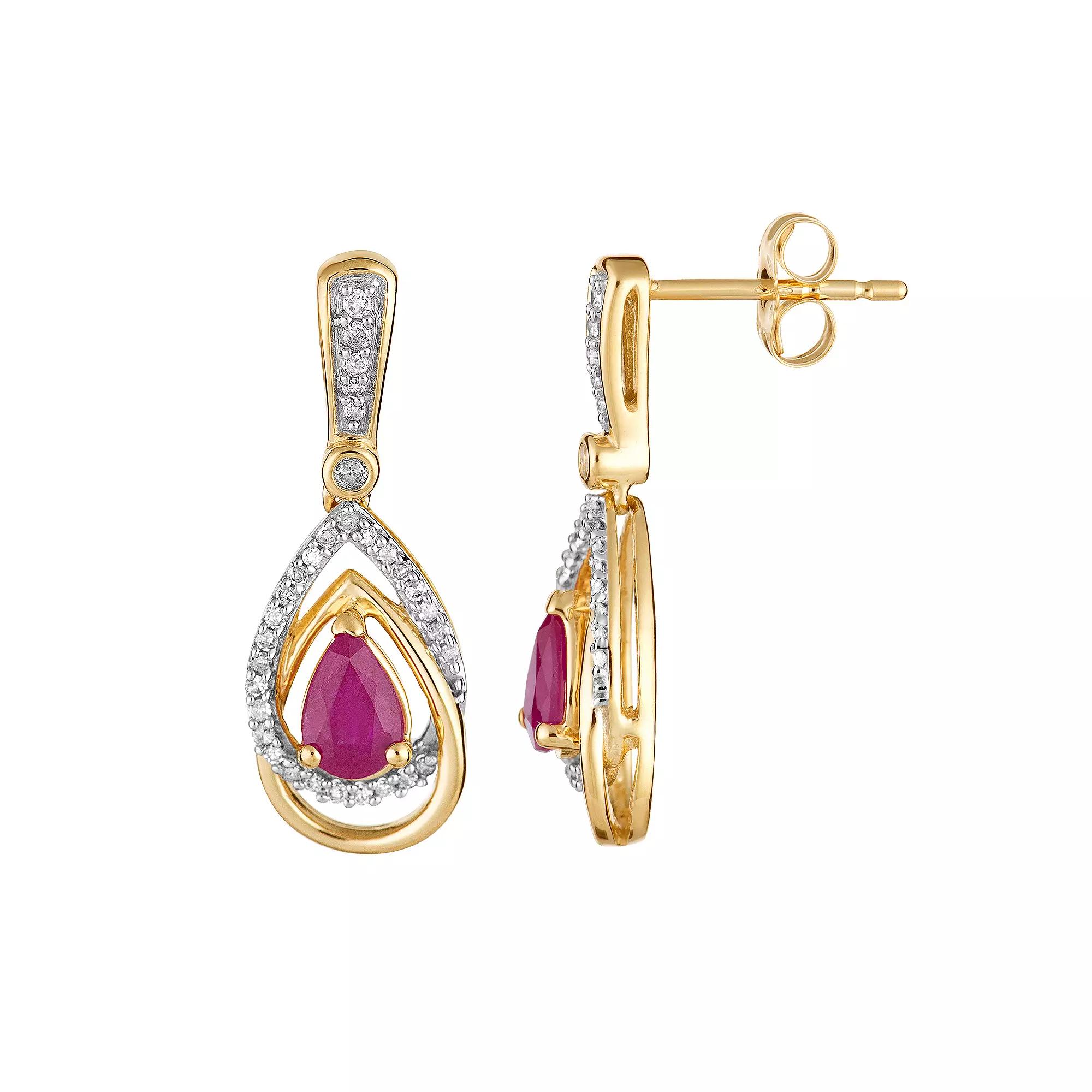 10k Gold Ruby & 1/4 Carat T.W. Diamond Drop Earrings, Women's Product Image