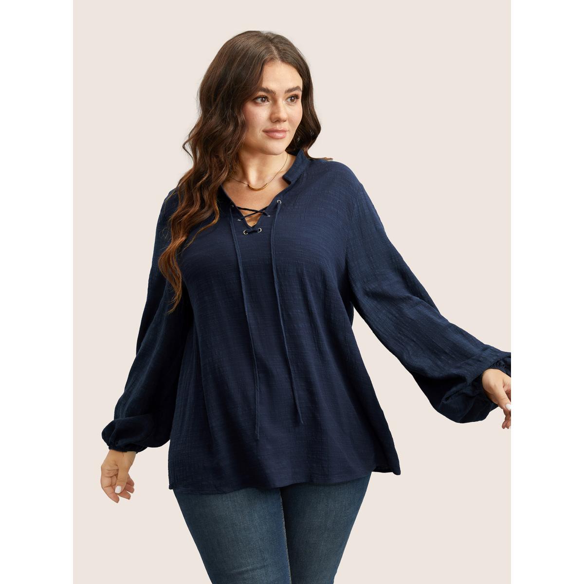 Plus Size Indigo Plain Lace Up Lantern Sleeve Blouse Women Casual Long Sleeve Shirt collar Everyday Blouses BloomChic 22-24/3X Product Image