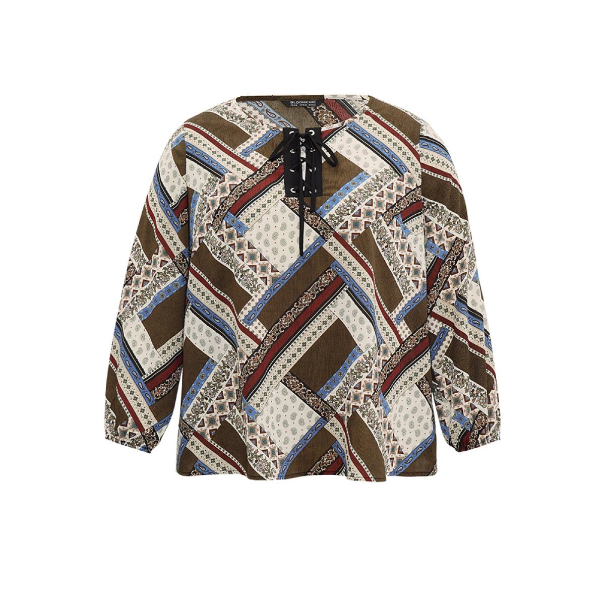 Plus Size Scarlet Moroccan Print Lace Up Lantern Sleeve Blouse Women Vacation Long Sleeve Tie Neck Vacation Blouses BloomChic 10/M Product Image