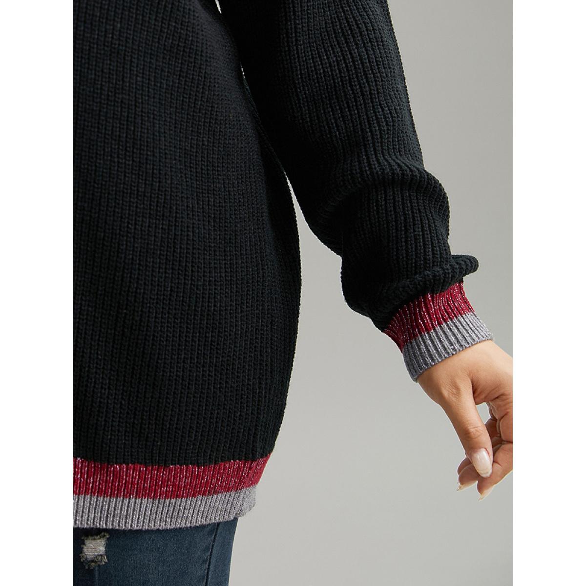 Plus Size Two Tone Trim V Neck Plisse Pullover Black Women Casual Loose Long Sleeve V-neck Dailywear Pullovers BloomChic 14-16/1X Product Image