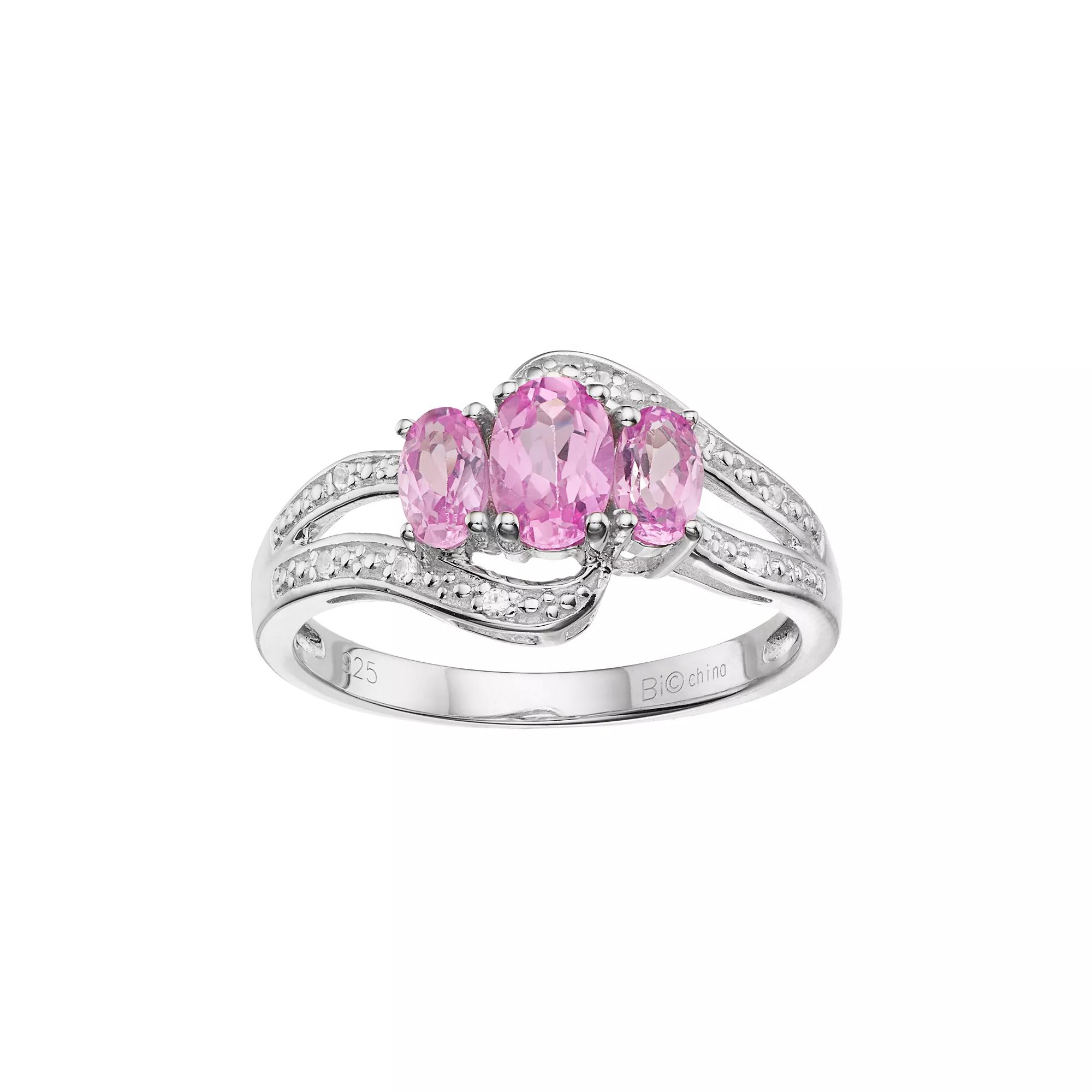 Gemminded Sterling Silver Lab-Created Pink & White Sapphire 3-Stone Bypass Ring, Women's,  Product Image