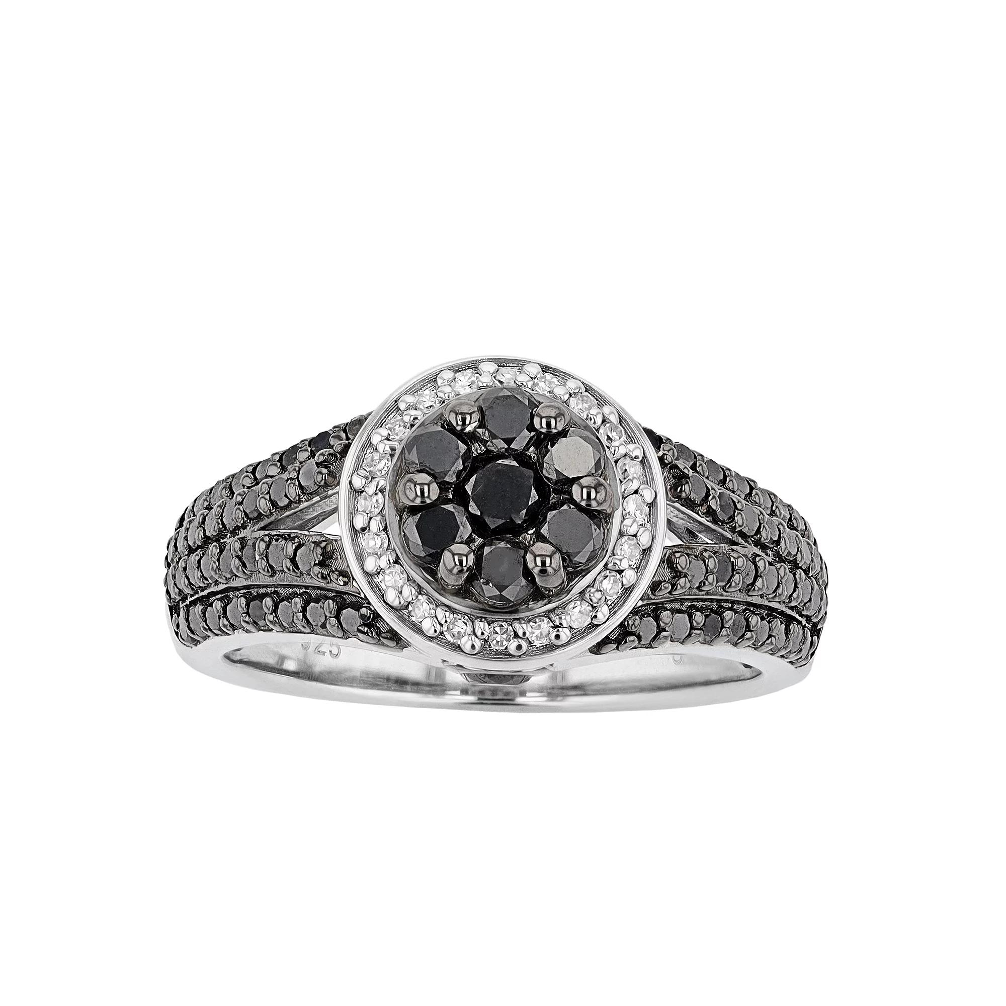 Sterling Silver 1 Carat T.W. Black & White Diamond Halo Ring, Women's, Size: 8 Product Image
