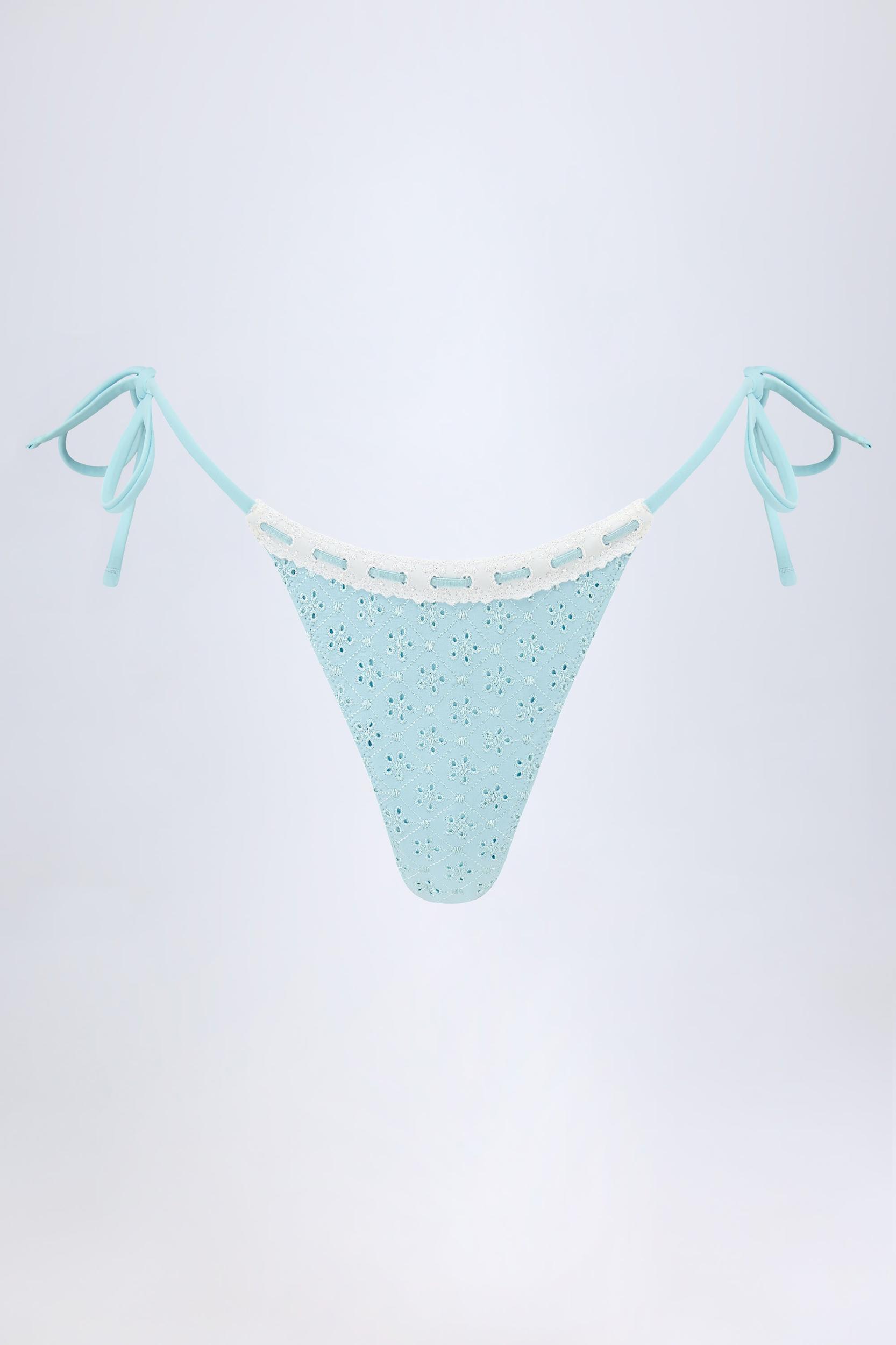 Broderie Anglaise Side-Tie Thong Bikini Bottoms in Powder Blue Product Image