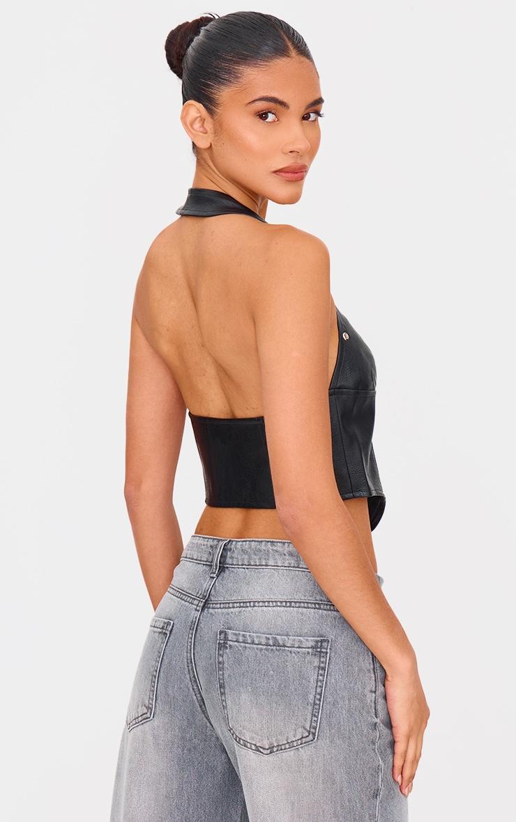 Black Faux Leather Studded Halter Neck Crop Top Product Image