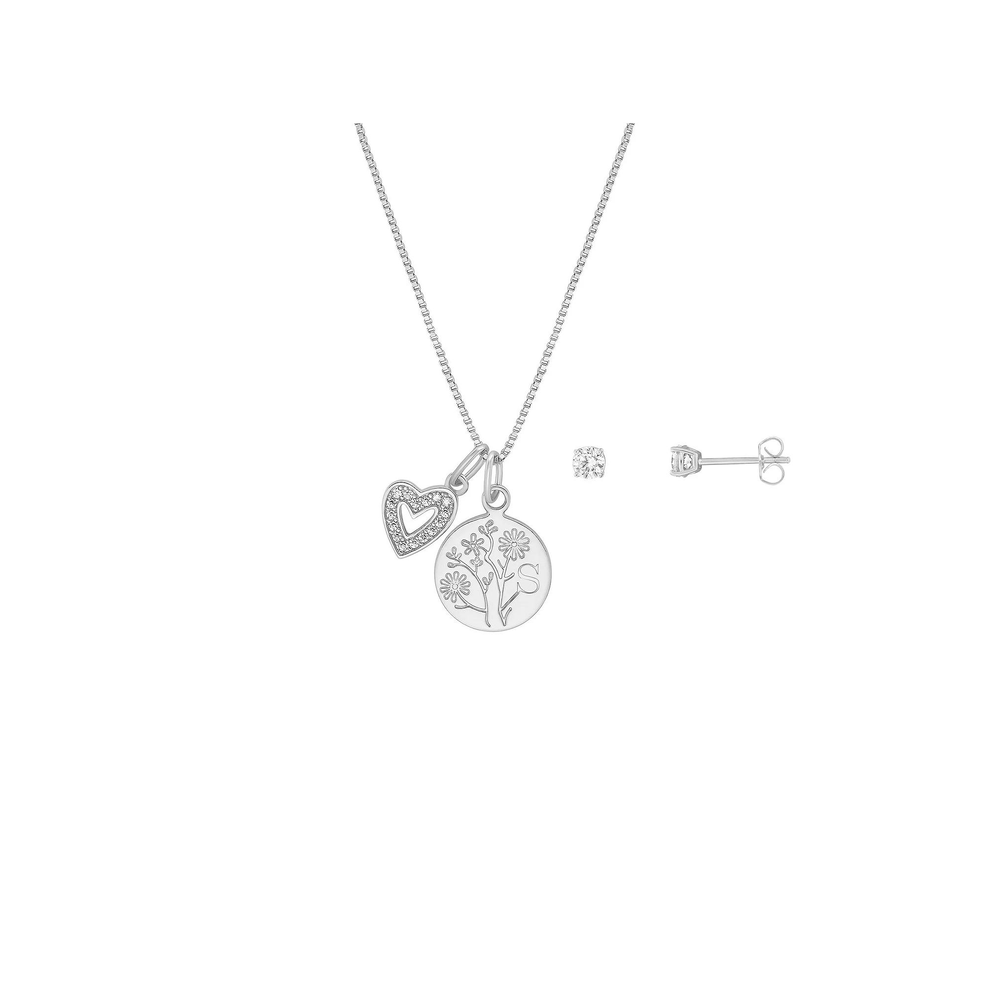 Brilliance Flash Plated Cubic Zirconia Stud Earrings and Initial Pendant Necklace Set, Women's, Size: 18", Silver Tone A Product Image