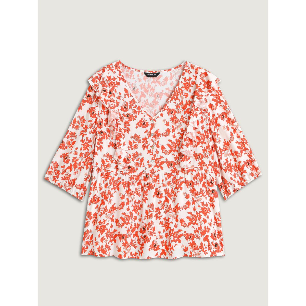 Plus Size Multicolor Sunkissed Florals Ruffled Trim Blouse Women Elbow-length sleeve V-neck Vacation Blouses BloomChic 28/5X Product Image
