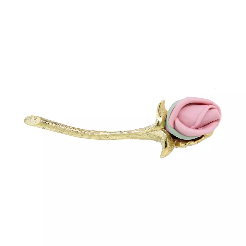 1928 Gold Tone Pink Long Stem Porcelain Rose Pin, Women's Product Image