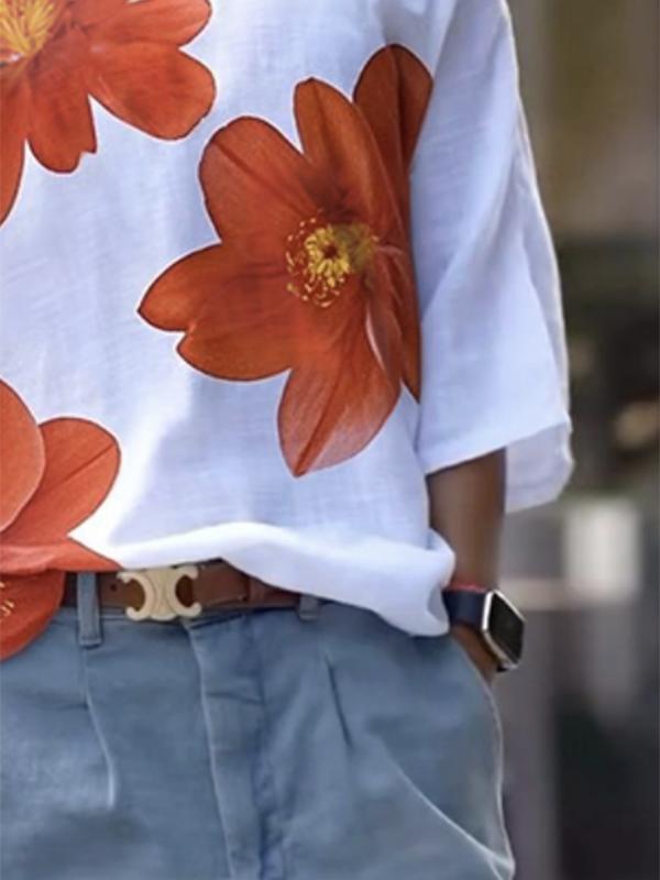 Long Sleeves Loose Flower Print One-Shoulder T-Shirts Tops Product Image