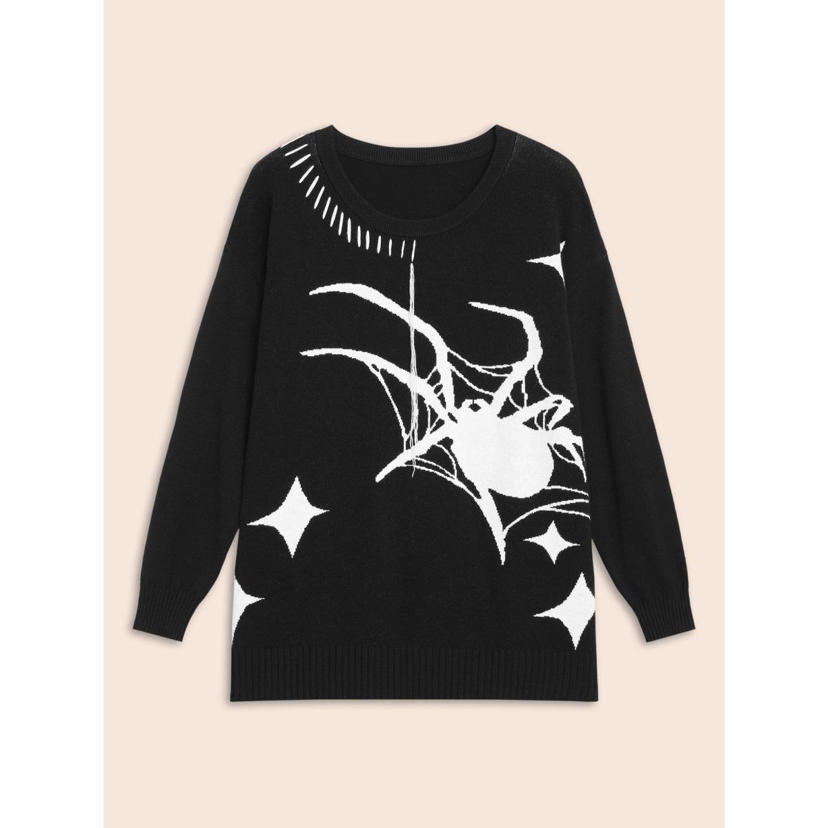 Plus Size Supersoft Essentials Spider Printed Jacquard Pullover Black Women Casual Loose Long Sleeve Round Neck Everyday Pullovers BloomChic 22-24/3X Product Image