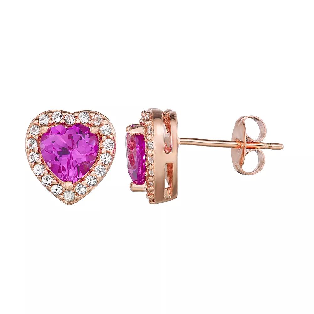 14k Rose Gold Over Silver Lab-Created Pink & White Sapphire Heart Stud Earrings, Women's, Pink Tone Product Image