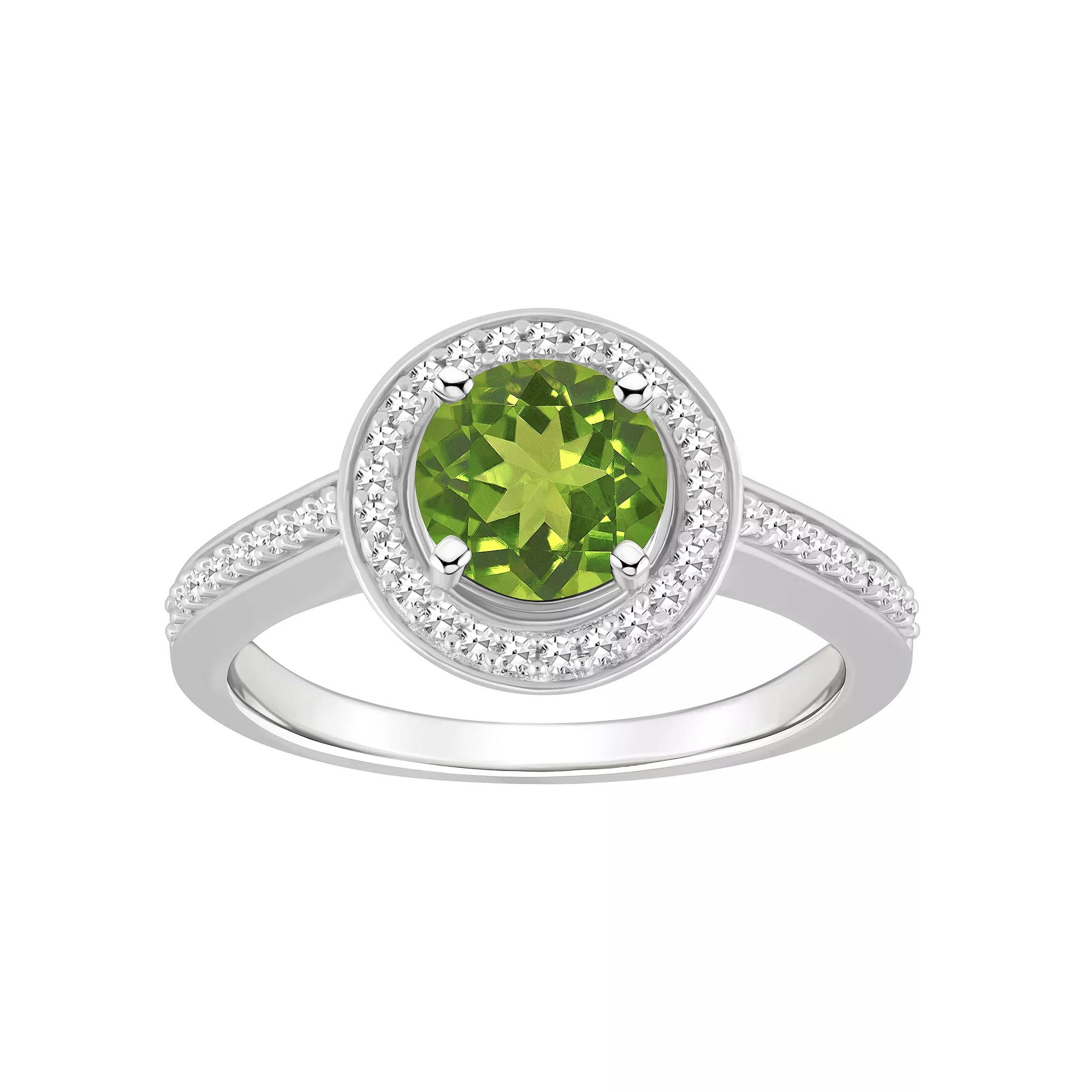 Celebration Gems Sterling Silver 7 mm Round Gemstone & 1/5 Carat T.W. Diamond Halo Ring, Women's, Peridot Product Image
