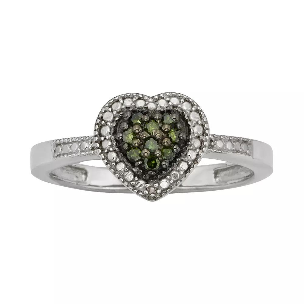 Jewelexcess Sterling Silver 1/10-ct. T.W. Green & White Diamond Heart Ring, Women's,  Product Image