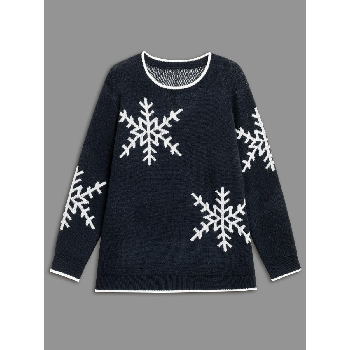Plus Size Snowflakes Pattern Contrasting Hem Pullover Indigo Women Casual Loose Long Sleeve Round Neck Everyday Pullovers BloomChic 12/L Product Image