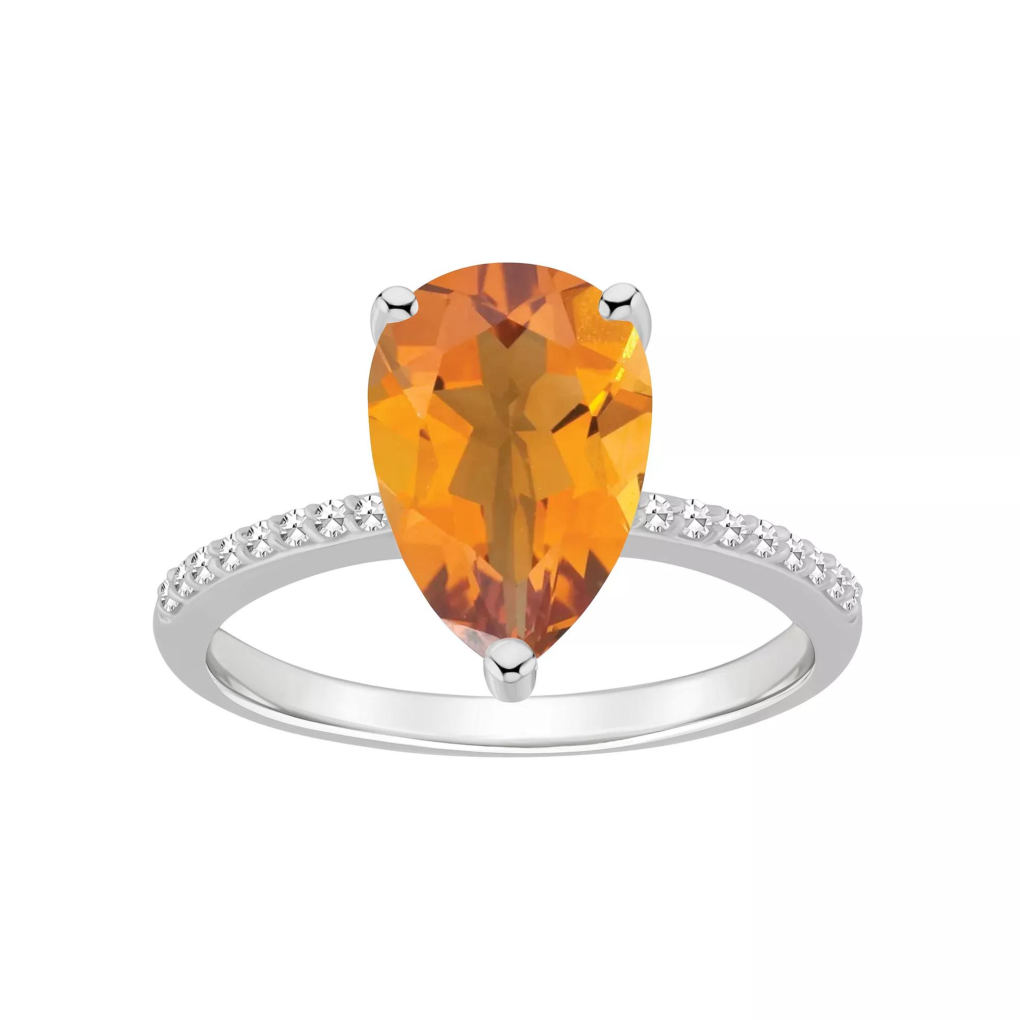 Alyson Layne Sterling Silver 10 mm x 8 mm Pear Shape Gemstone & 1/10 Carat T.W. Diamond Ring, Womens Citrine Product Image