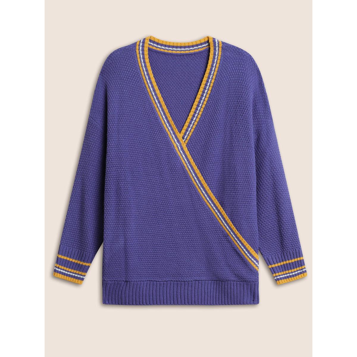 Plus Size Striped Contrast Wrap Knit Pullover Blackcurrant Women Casual Loose Long Sleeve V-neck Dailywear Pullovers BloomChic 14-16/1X Product Image