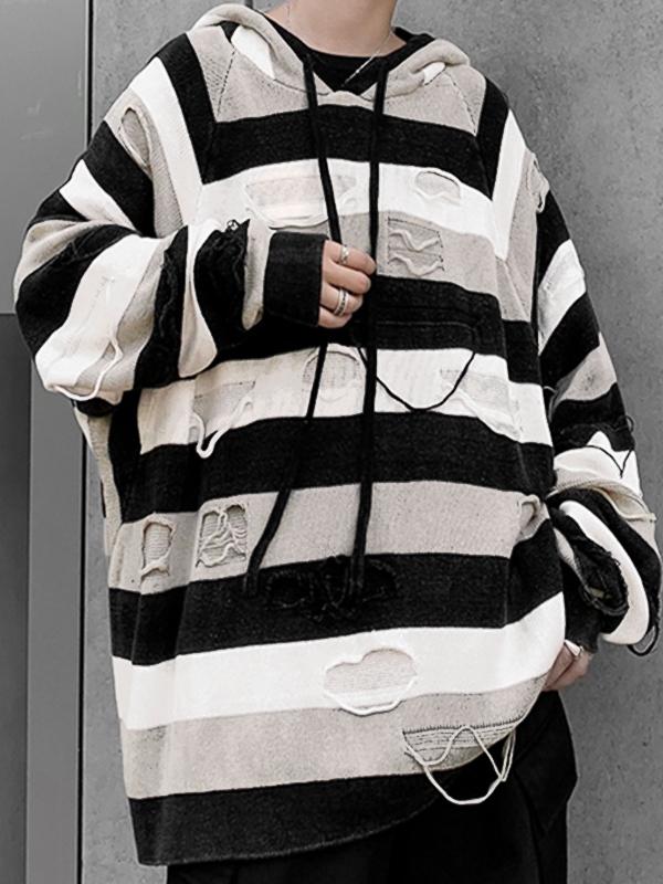 Men's Contrast Striped Ripped Hooded Sweater Product Image