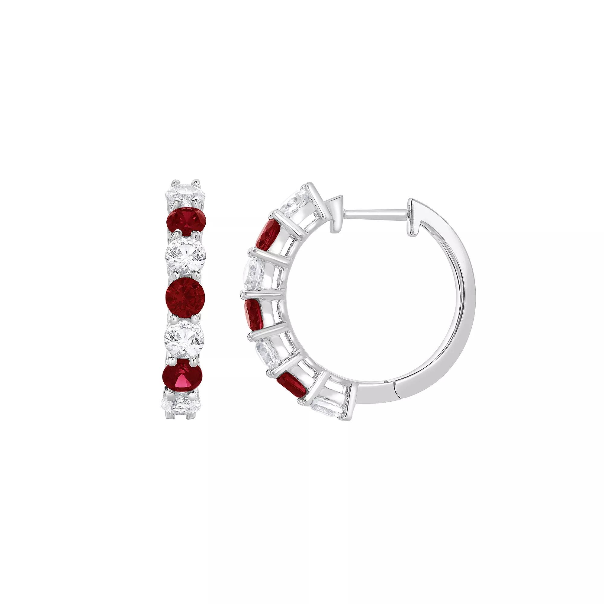 Gemstone Brilliance Sterling Silver Gemstone & Lab-Created White Sapphire Hoop Earrings, Women's, Created Red Product Image