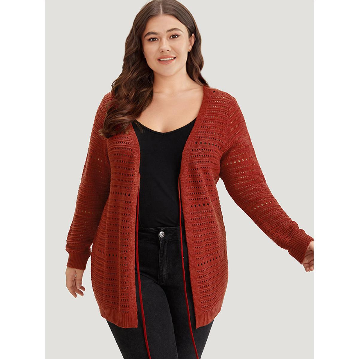 Plus Size Plain Ties Front Geometric Eyelet Cardigan Rust Women Casual Loose Long Sleeve Dailywear Cardigans BloomChic 28/5X Product Image