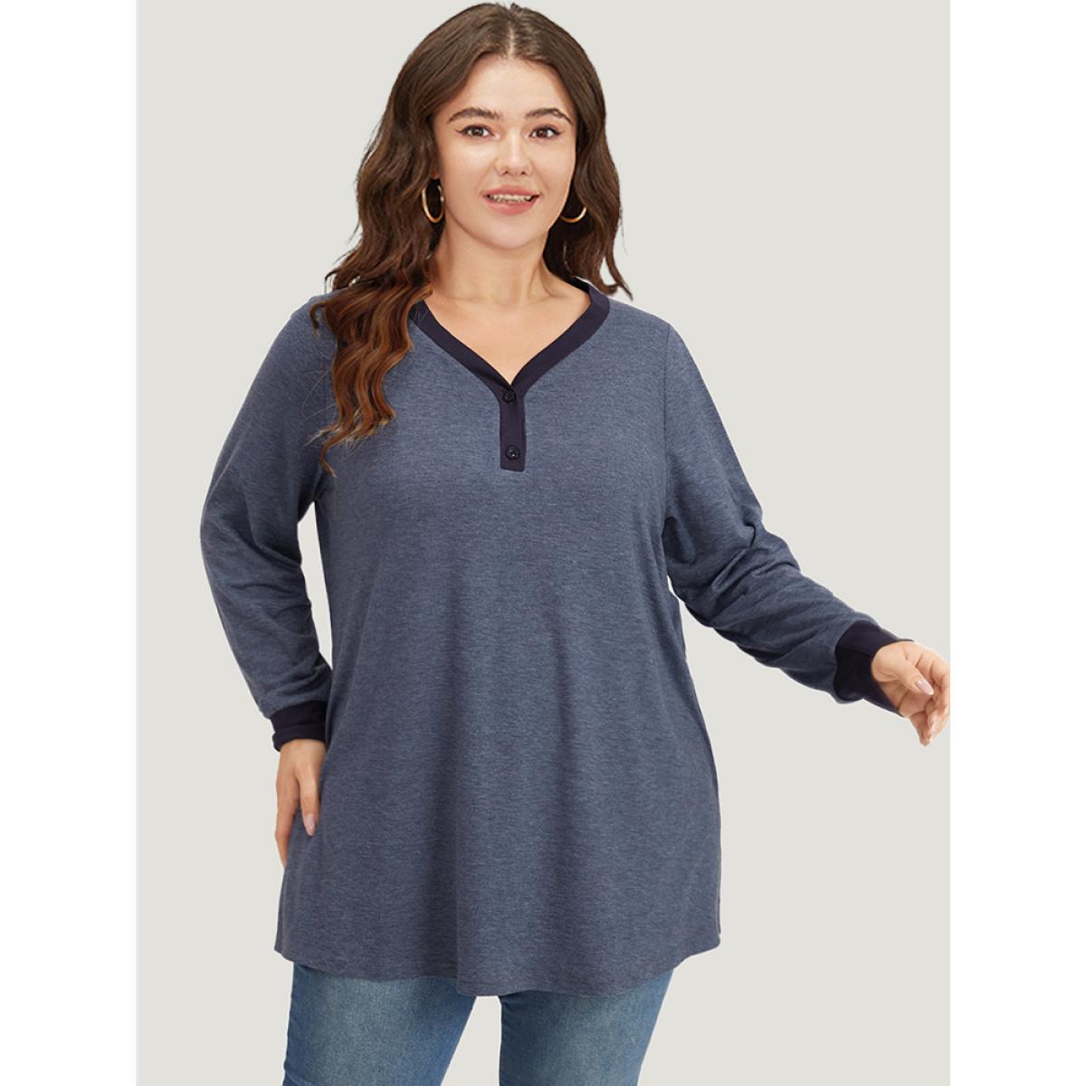 Plus Size V Neck Button Up Contrast Elastic Cuffs Pocket T-shirt Indigo Women Casual Elastic cuffs Plain V-neck Dailywear T-shirts BloomChic 28/5X Product Image