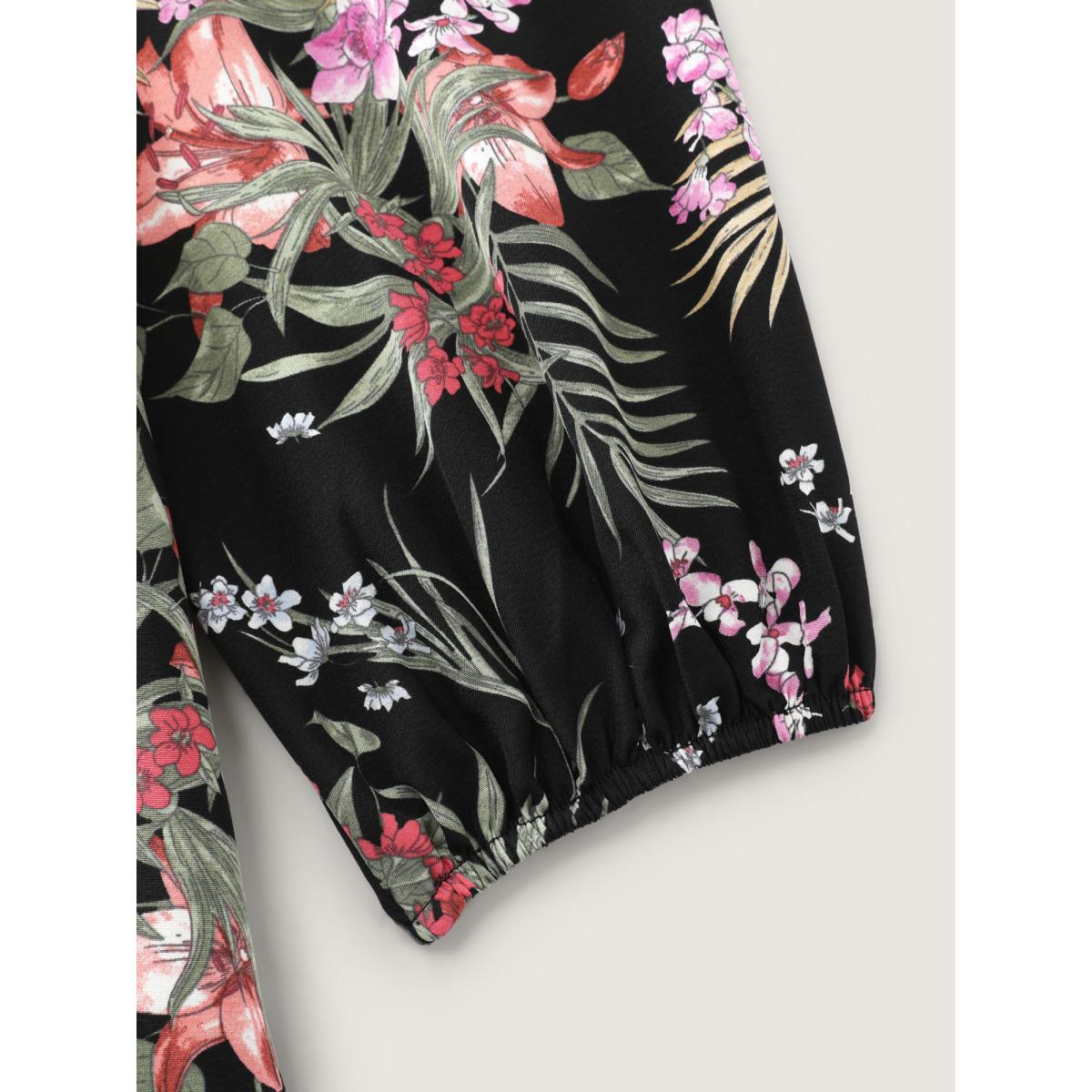 Plus Size Floral Print Color Contrast Midi Dress Black Women Timeless Texture Round Neck Long Sleeve Curvy BloomChic 22-24/3X Product Image