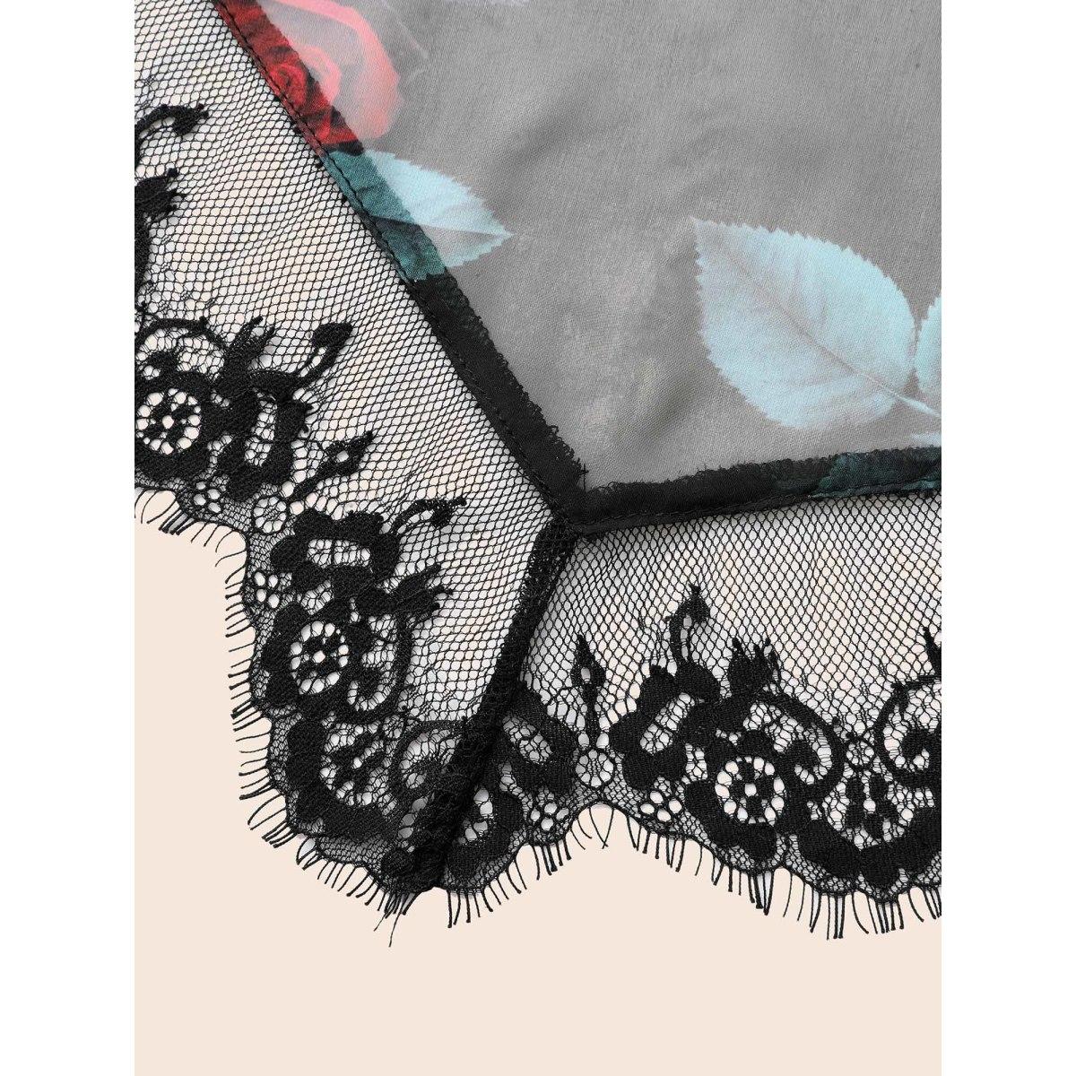 Plus Size Cami Lace Floral Waist Cinching Midi Dress Black Women Cocktail Woven ribbon&lace trim Party Curvy Bloomchic 26/4X Product Image